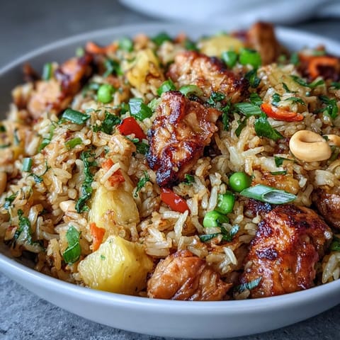 A vibrant Hawaiian pineapple chicken fried rice bowl with colorful veggies and juicy pineapple chunks, perfect for a tropical dinner.