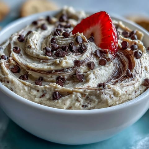 Creamy cottage cheese cookie dough dip with mini chocolate chips, served with fresh strawberries and apple slices for a healthy dessert.  