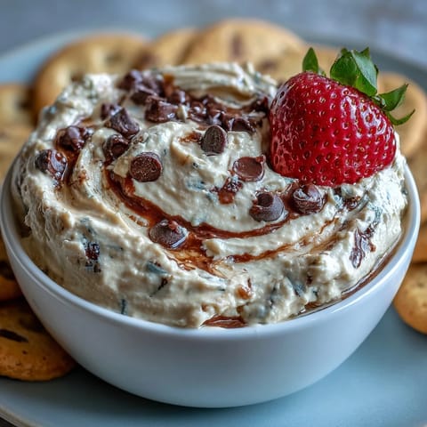 Protein-packed cookie dough dip made with almond butter and cottage cheese, perfect for dipping fruit or crackers at your next party.  
