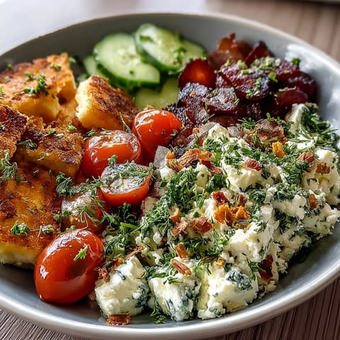 Savory cottage cheese breakfast bowl with fresh veggies, herbs, and olive oil for a protein-rich morning meal.