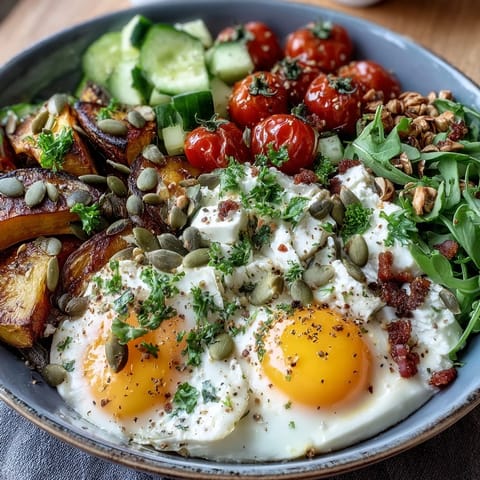 Creamy cottage cheese topped with crisp cucumbers, cherry tomatoes, spinach, and radishes, finished with fresh herbs.