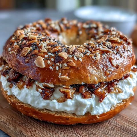 High-protein bagels with Greek yogurt everything dip on a wooden board, golden and chewy, sprinkled with savory seasoning.  