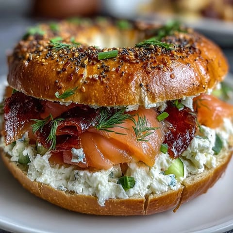 Cottage cheese bagels topped with smoked salmon and fresh dill, served with cream cheese, red onion, and cucumber slices.  