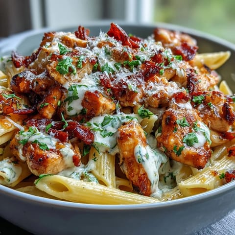Creamy Crockpot Mississippi Chicken Pasta in a rich, tangy sauce with tender shredded chicken and penne noodles.