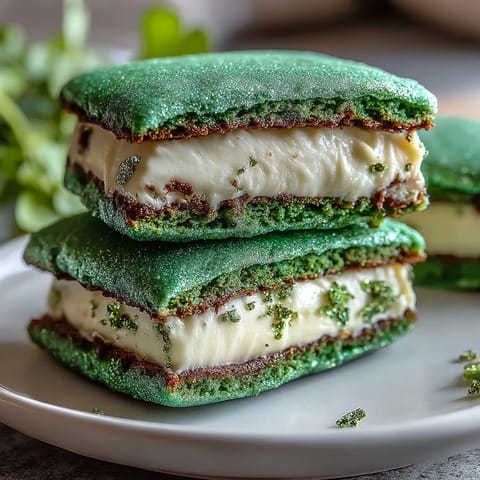 Sparkly green sugar cookie sandwiches with creamy vanilla filling and sugar sparkle coating.