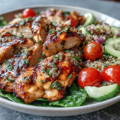 Grilled chicken breast with colorful vegetables and quinoa in a lemon vinaigrette dressing.