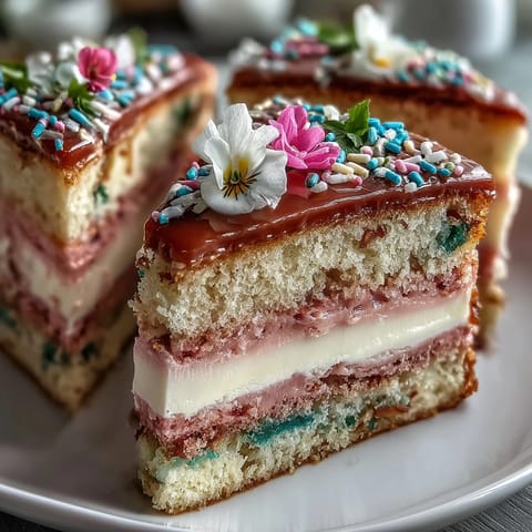 A beautiful layered cake with soft ombre gradients of pastel pink and yellow, perfect for spring celebrations.