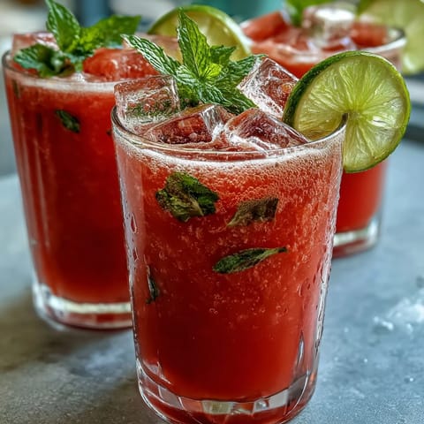 Sparkling watermelon punch with zesty lime juice and mint leaves, a refreshing vegan beverage for easy entertaining or brunch.
