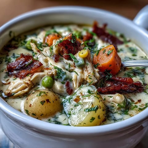 Slow Cooker Chicken Pot Pie Soup with tender chicken and creamy broth in a bowl.