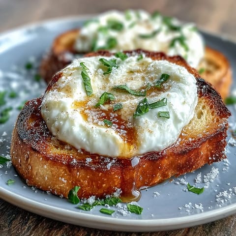 Creamy burrata and sweet peach slices drizzled with honey atop golden toasted sourdough for a fresh spring brunch.