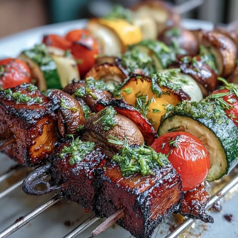 Colorful summer grilled veggie skewers with chimichurri, featuring charred bell peppers and zucchini, perfect for outdoor BBQs.  