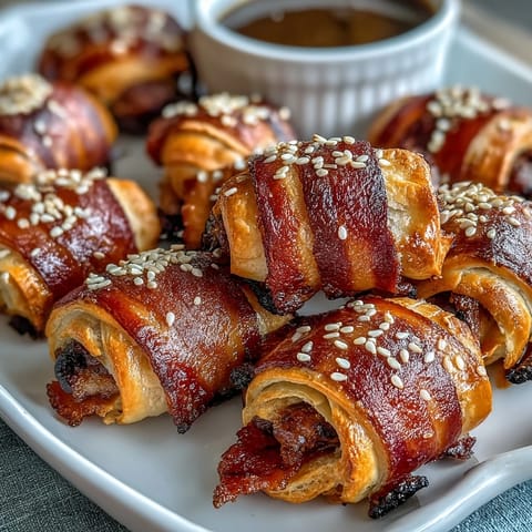 Flaky crescent-wrapped mini sausages with golden crust, served alongside a tangy honey Dijon dipping sauce for the perfect appetizer.