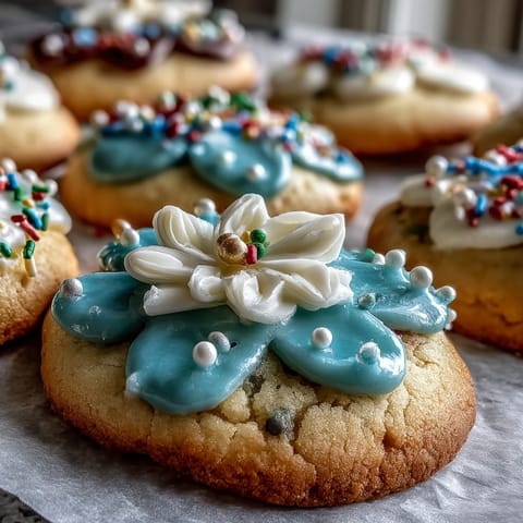 Delicate flower-shaped shortbread cookies with colorful royal icing, perfect for a spring celebration or dessert table.