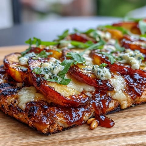 Grilled flatbread with sweet peaches, melted Brie, and smoky BBQ sauce, topped with fresh basil and arugula.  