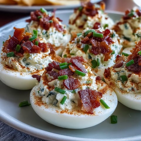 Spicy jalapeño popper deviled eggs with creamy cheese and bacon topping for a bold appetizer.  