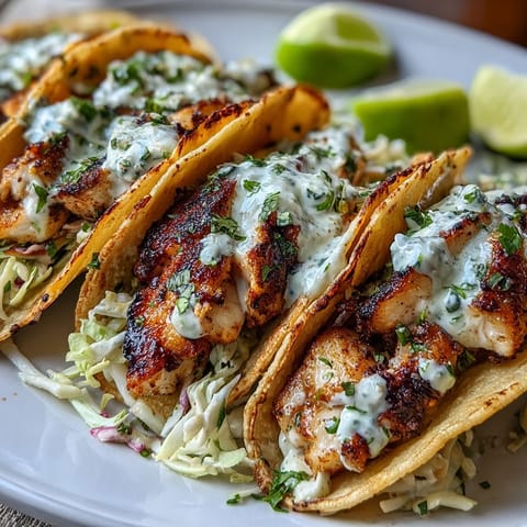 Zesty grilled fish tacos with coconut lime marinade, served with crunchy cabbage slaw and tangy crema.  