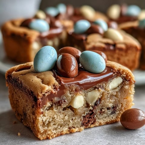 Peanut Butter Easter Egg Cookie Bars with colorful candies and melted chocolate drizzle, perfect for spring celebrations.