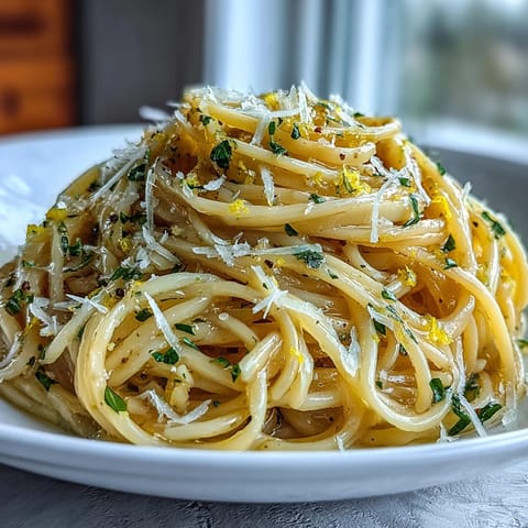 Creamy lemon butter pasta with silky sauce and fresh parsley garnish, perfect for a quick and flavorful vegetarian dinner.  