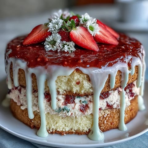 Spring Cake with Floral Drip and Strawberry Frosting, a stunning layered vanilla cake topped with pink buttercream and a white chocolate drip, adorned with fresh edible flowers for a festive springtime dessert.