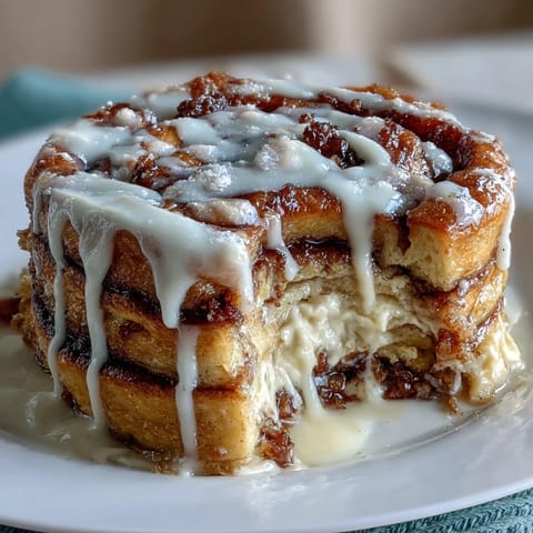 Warm cinnamon roll pancake casserole baked golden, with buttery swirls and drizzled with creamy cream cheese glaze.