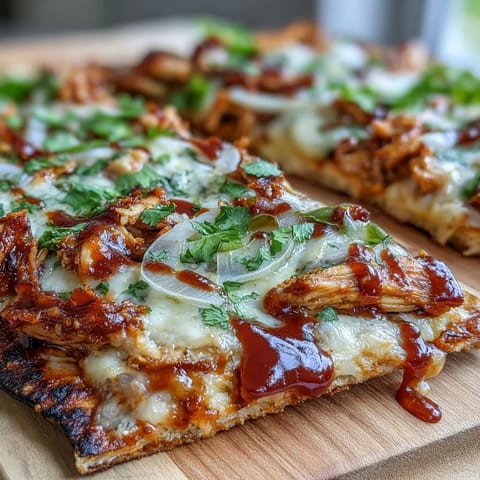 Smoky BBQ chicken flatbread pizza with melty mozzarella, red onion, and bell peppers, topped with fresh cilantro and jalapeño slices.