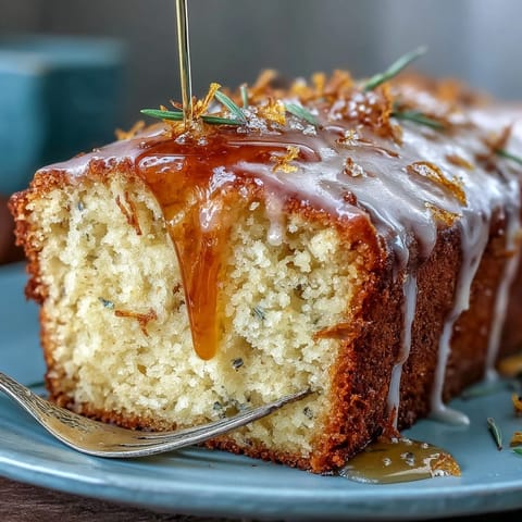 Golden Lemon Lavender Loaf Cake with sweet honey glaze, ready for serving.
