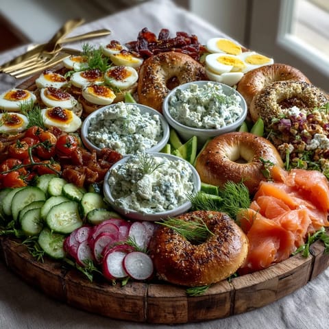 Vibrant Mother's Day Brunch: Smoked Salmon Bagel Board with fresh toppings awaits.