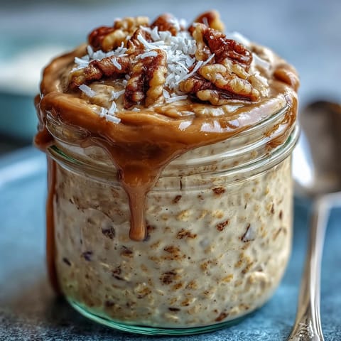 Creamy Carrot Cake Overnight Oats garnished with walnuts and a maple drizzle.