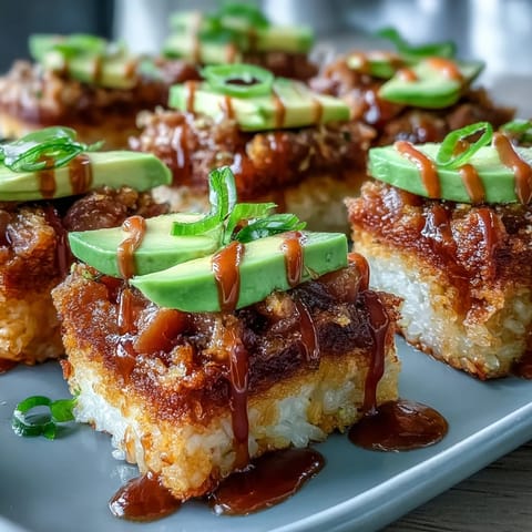 Spicy Tuna Crispy Rice Bites: golden squares topped with vibrant tuna and avocado.