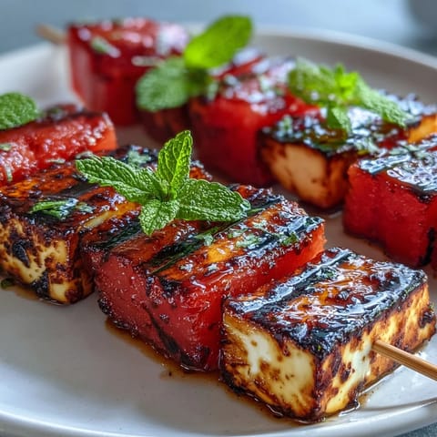 Juicy grilled halloumi watermelon skewers glistening with lime, topped with vibrant mint.