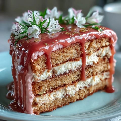 Elegant Bridal Shower Rosé Velvet Cake, showcasing delicate pink layers and a luscious gold cascade.