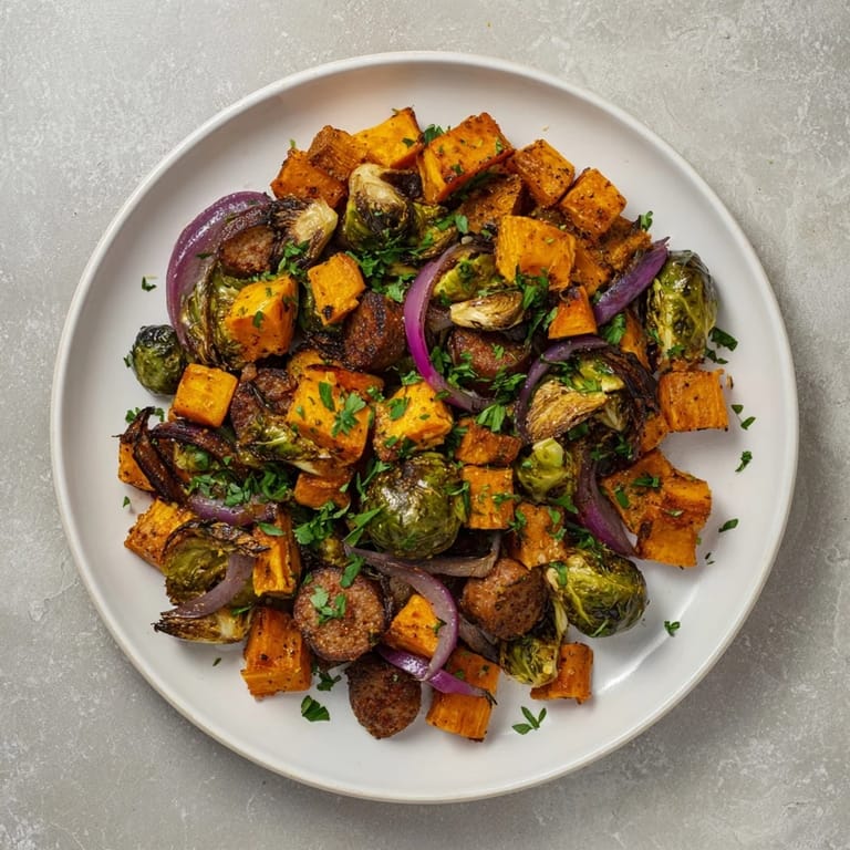A delicious close-up of sheet pan Sausage, Sweet Potato, and Brussels Sprouts, showcasing tender vegetables and sausage links.