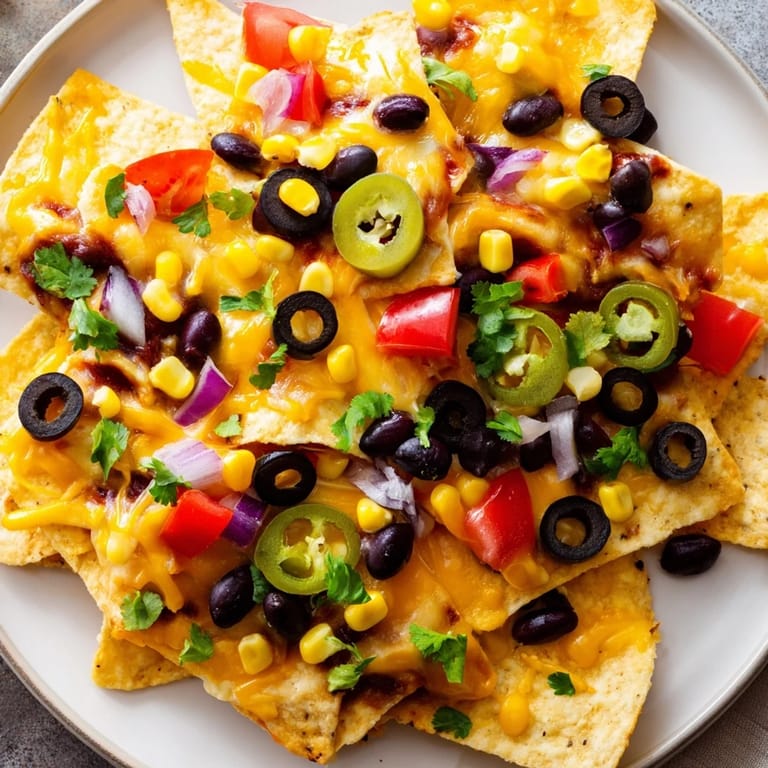 A baking sheet filled with colorful sheet pan nachos, ready to serve with sour cream and salsa.