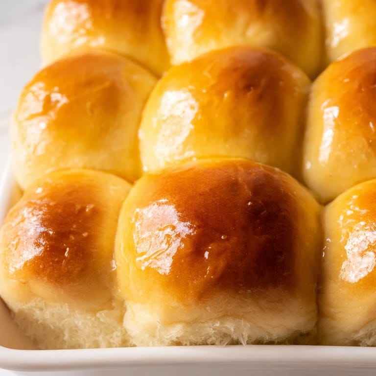 Perfectly baked Homemade Golden Dinner Rolls, brushed with butter, look incredibly tender and ideal for dipping and savoring.