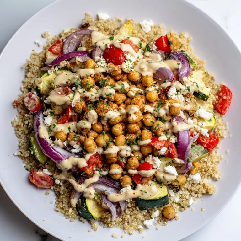 Close up of a Mediterranean Chickpea and Veggie Grain Bowl, showcasing beautifully roasted vegetables and a zesty lemon-tahini sauce.