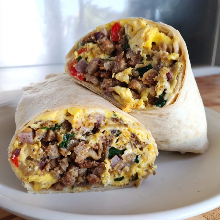A close-up of fully-packed Make-Ahead Breakfast Burritos, showcasing melted cheese and fresh vegetables.