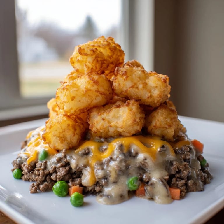 A warm and comforting Family Favorite Tater Tot Casserole, with a creamy, rich sauce and crispy tots.
