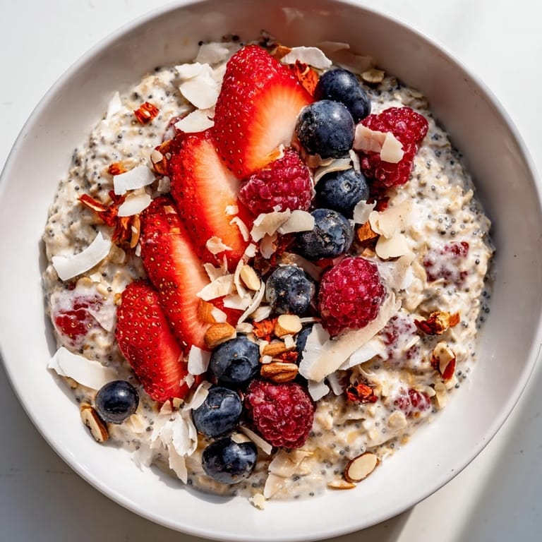 Bright red berries and layered overnight oats with chia seeds make a healthy morning meal.