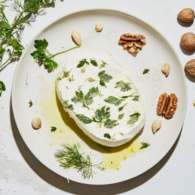 Vibrant image of Fossil Record, a whimsical appetizer with creamy cheese, herbs, and tasty cracked nuts.