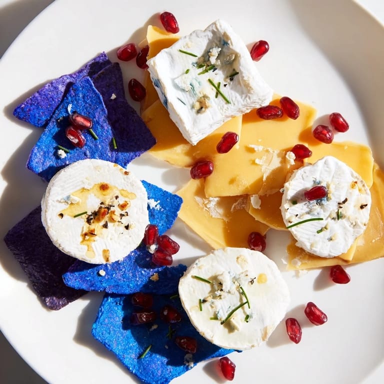 A party-ready visual: cheese stepping stones appetizer on a platter with blue chips and optional garnishes.
