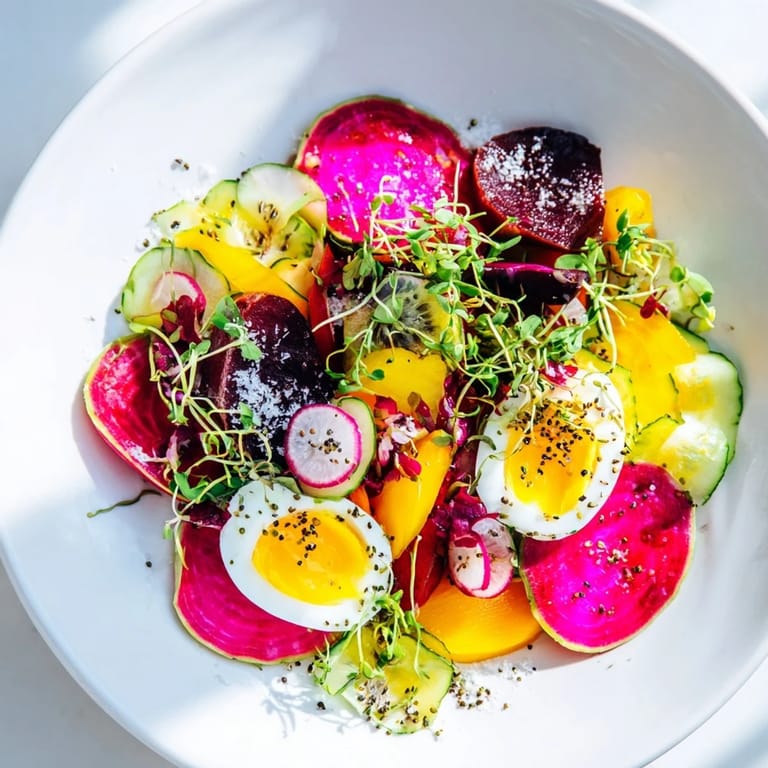 A close-up of The Neon Night recipe visually details the colorful arrangement of fresh and pickled elements, ready to eat.
