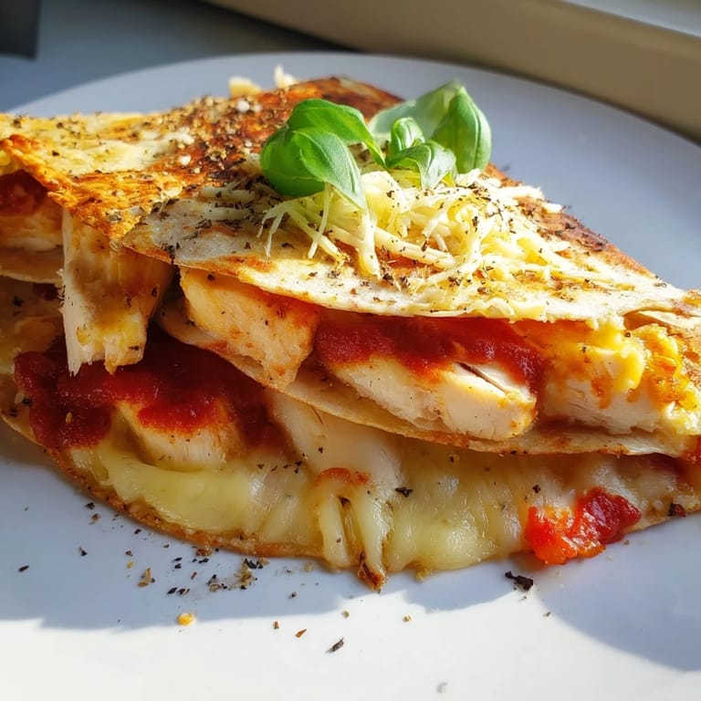 Freshly made Tortilla Pizza Wrap with Chicken, beautifully toasted and ready to be sliced for a quick, satisfying meal.