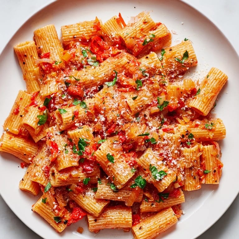 A bubbling skillet of savory One-Pot Diavola Spicy Pasta filled with pasta and bell peppers.