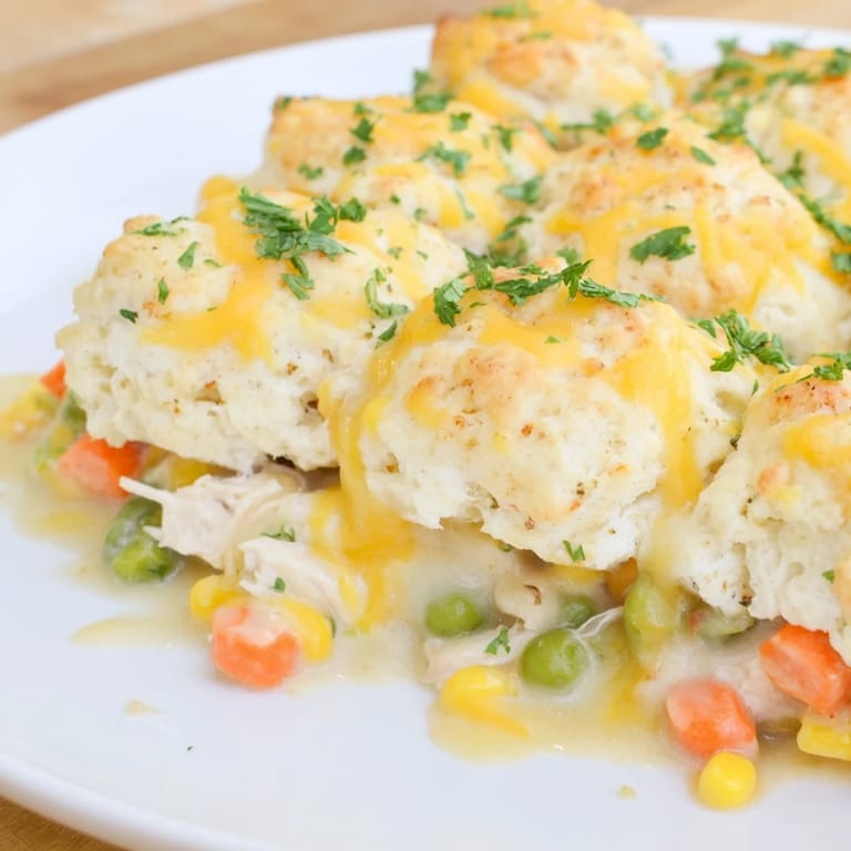 Warm, inviting image of Chicken Cobbler, a savory casserole with flaky Red Lobster biscuit topping.