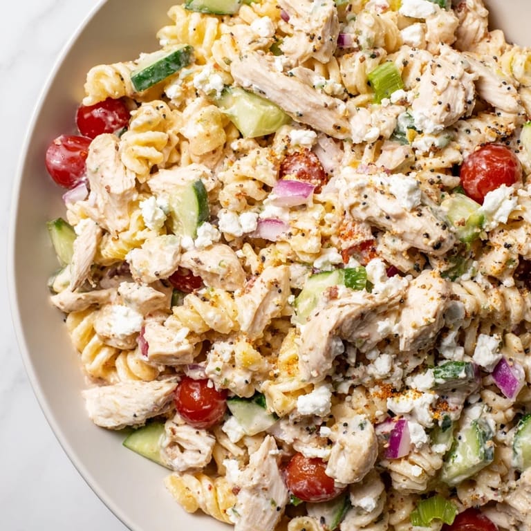 A beautiful photo of Everything Bagel Chicken Pasta Salad; tender chicken mixed with pasta and fresh ingredients.