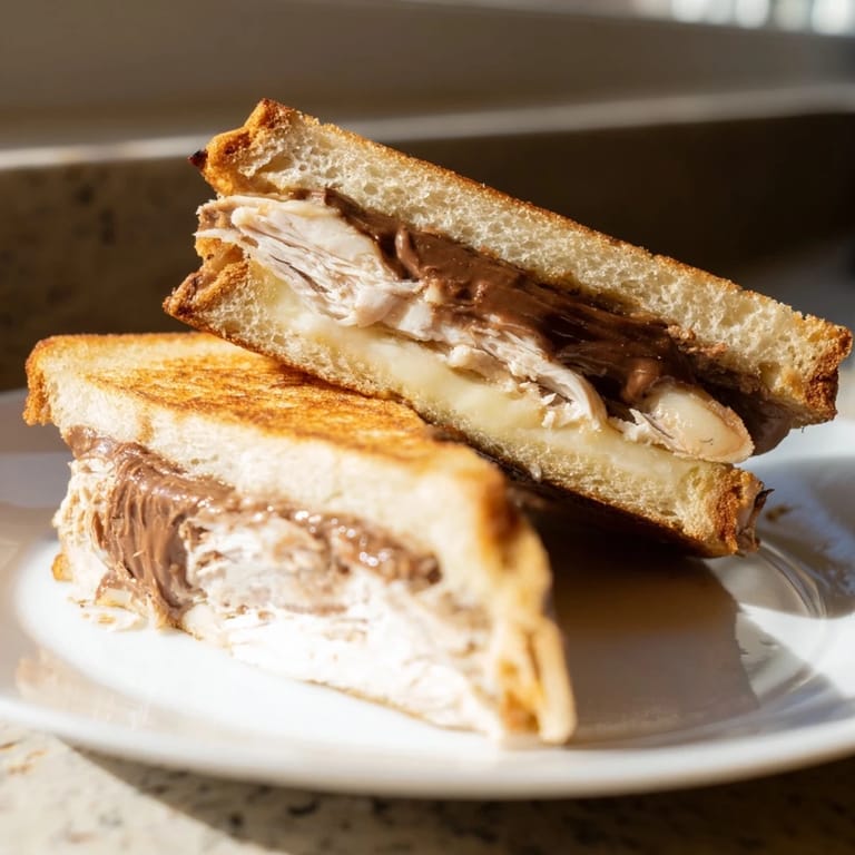 A cross-section reveals layers in the Nutella Grilled Cheese with Chicken: creamy Nutella, brie, and tender chicken.