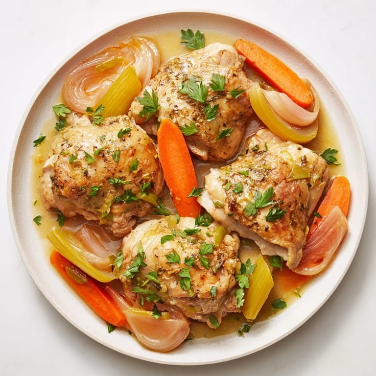 Juicy Georgia Pot Roast Chicken plated, showcasing tender chicken thighs and sweet onions in a rich, flavorful sauce.