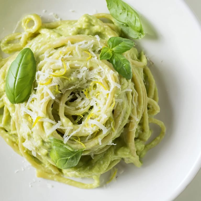 Freshly made Creamy Avocado Pasta, a vegetarian delight with creamy avocado sauce and Parmesan.