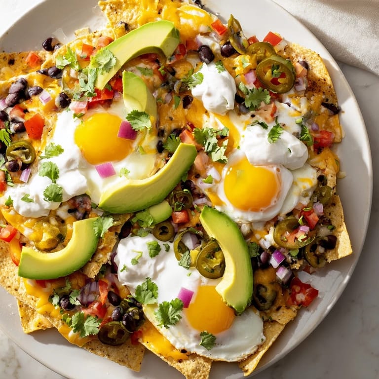 Imagine Egg-Topped Breakfast Nachos, a delicious morning meal with crispy chips, fresh veggies, and a rich, golden egg.