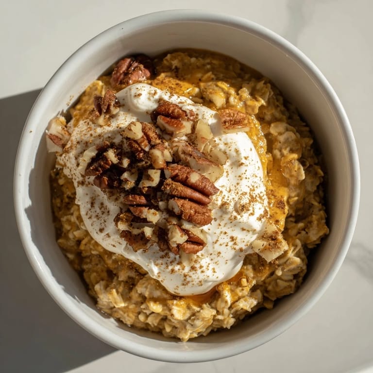 Warm, spiced Pumpkin Spice Latte Oats, perfect for a cozy fall breakfast, served in a bowl.